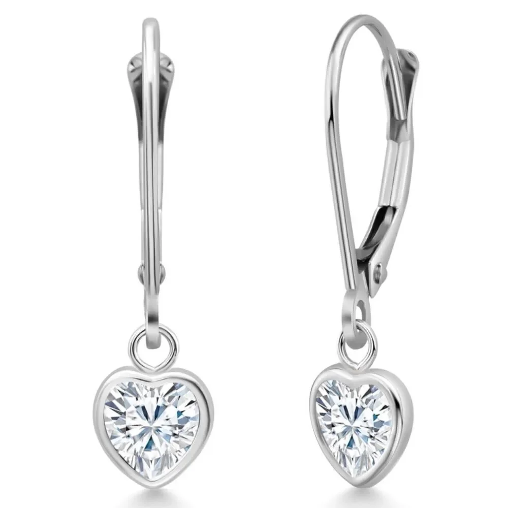 925 Sterling Silver 1.60 Cttw White Moissanite Heart Leverback Drop Earrings